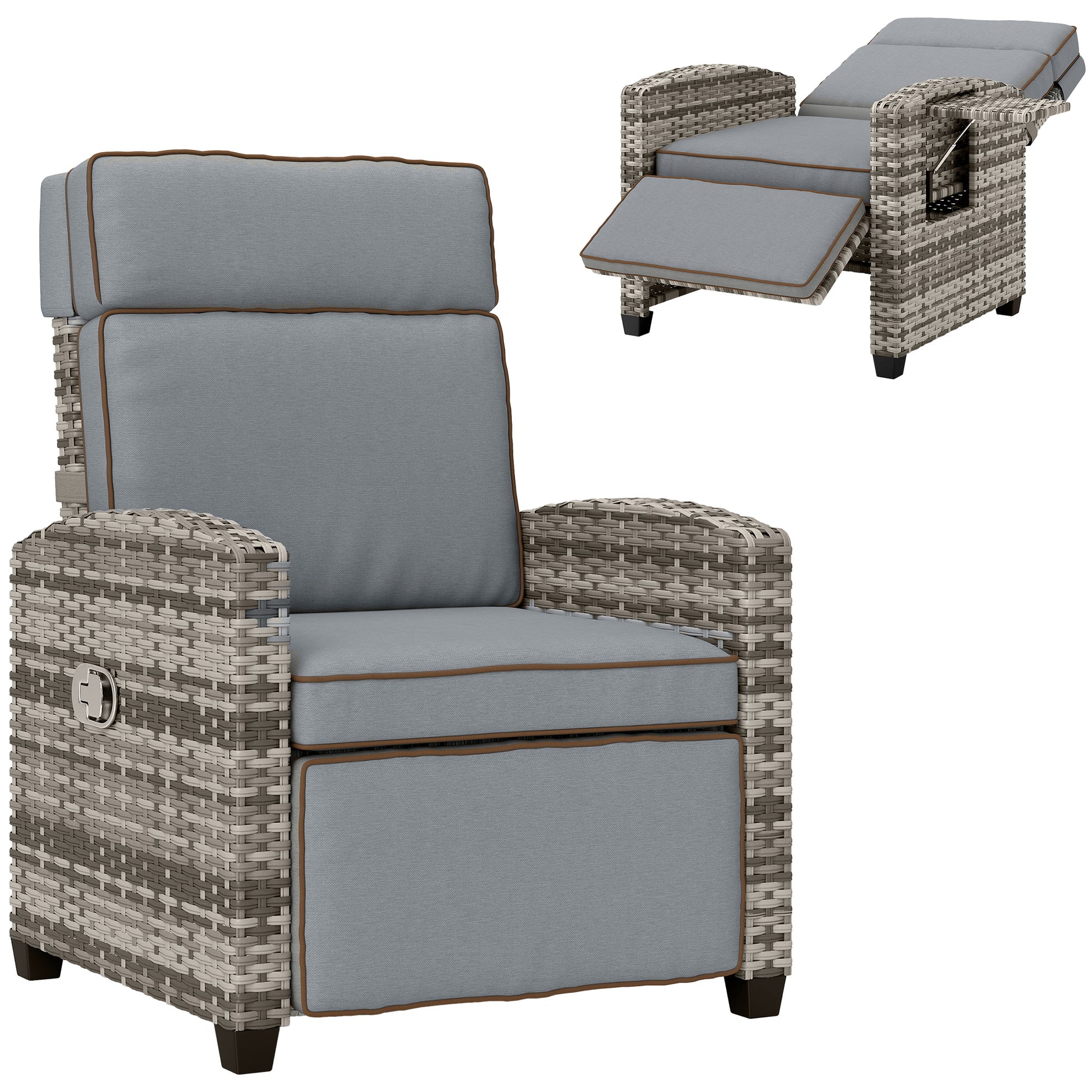 Outsunny 145Â° Reclining Rattan Armchair with Footrest - Mixed Grey