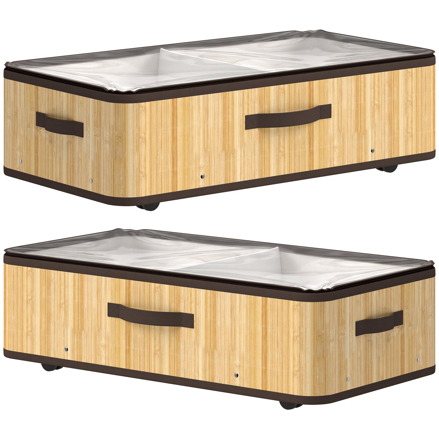 HOMCOM 60L Under Bed Storage with Wheels Pack of 2, Underbed Storage Box with Clear Lid Cover and Reinforced Handle, Natural