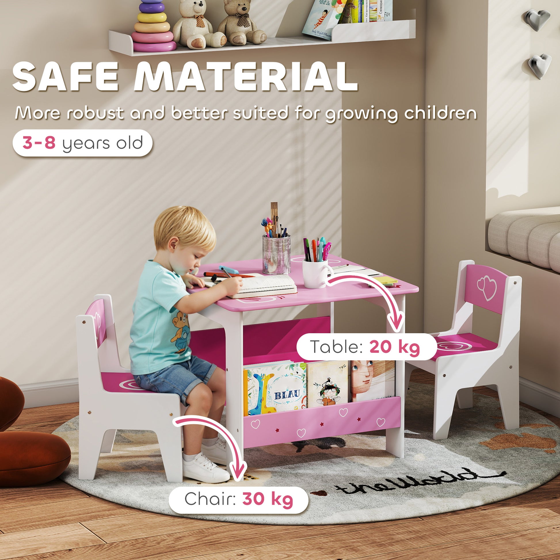 AIYAPLAY 3 Pieces Kids Table and Chair Set, Toddler Activity Table with Bookshelves, for Living Room, Nursery, Playroom, Pink