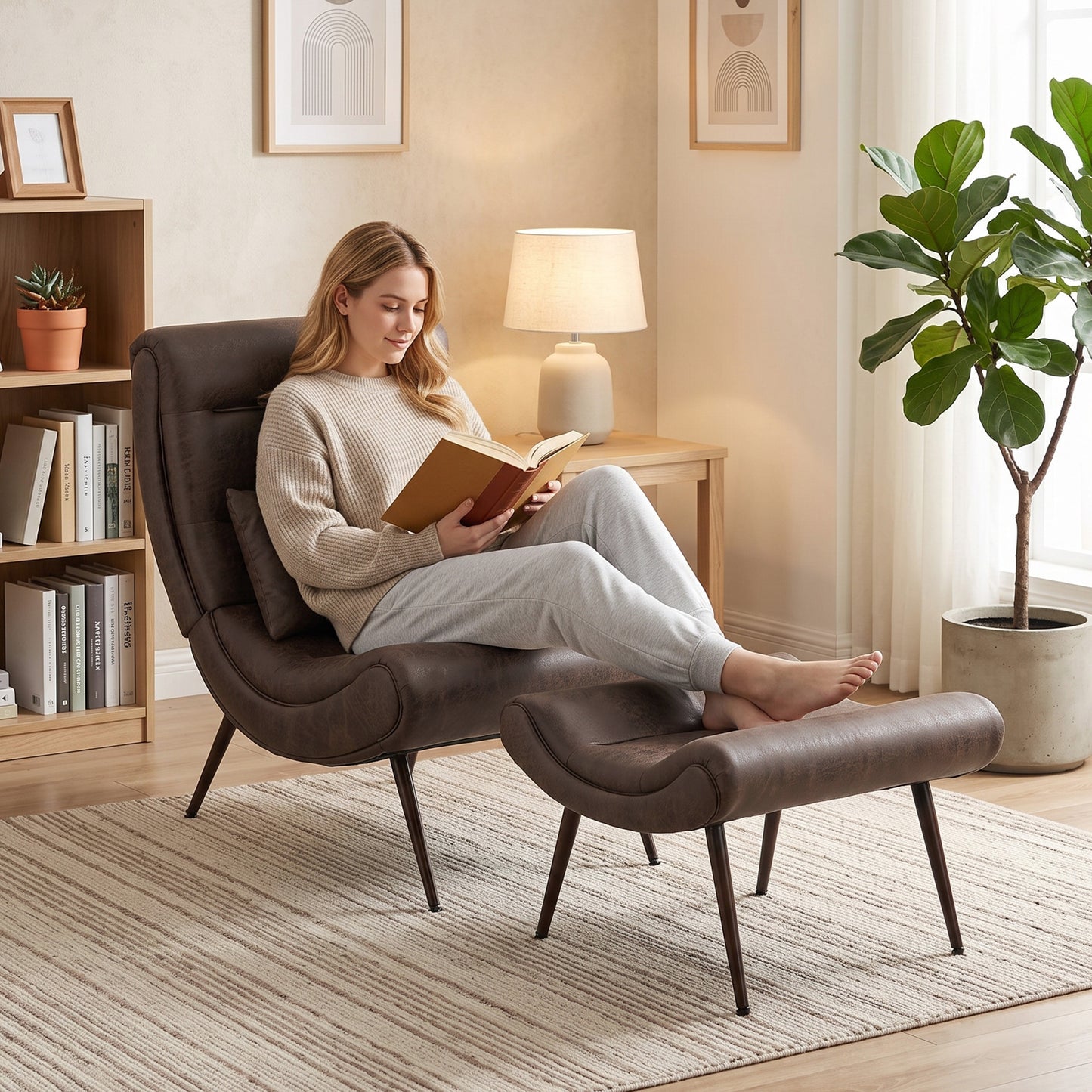 HOMCOM Modern Accent Chair with Footstool, Upholstered Lounge Chair with 64cm Wide Seat, Lumbar Pillow, Trapezoidal Backrest