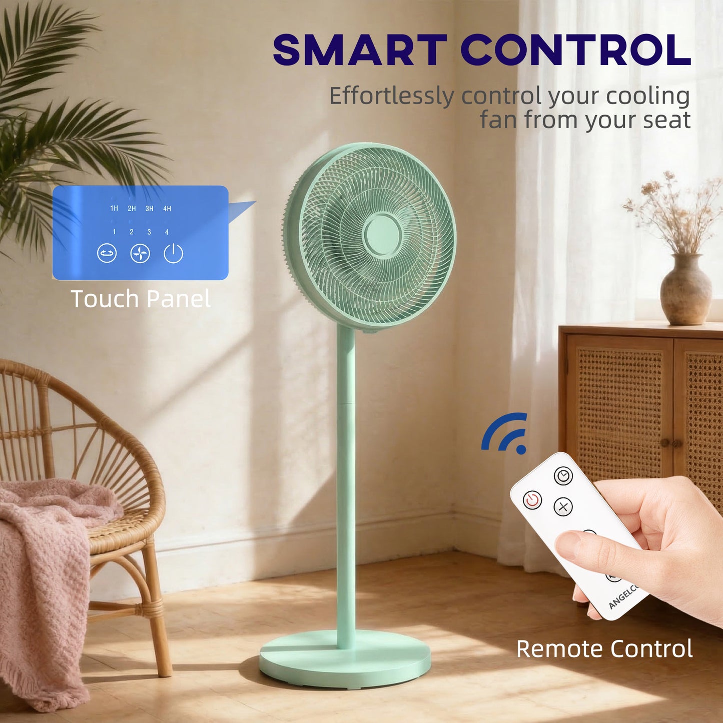 HOMCOM 40 cm Standing Fan, Cooling Floor Fan with 80Â° Oscillating, Adjustable Tilt and Height, 4 Speed, Remote Control, Green