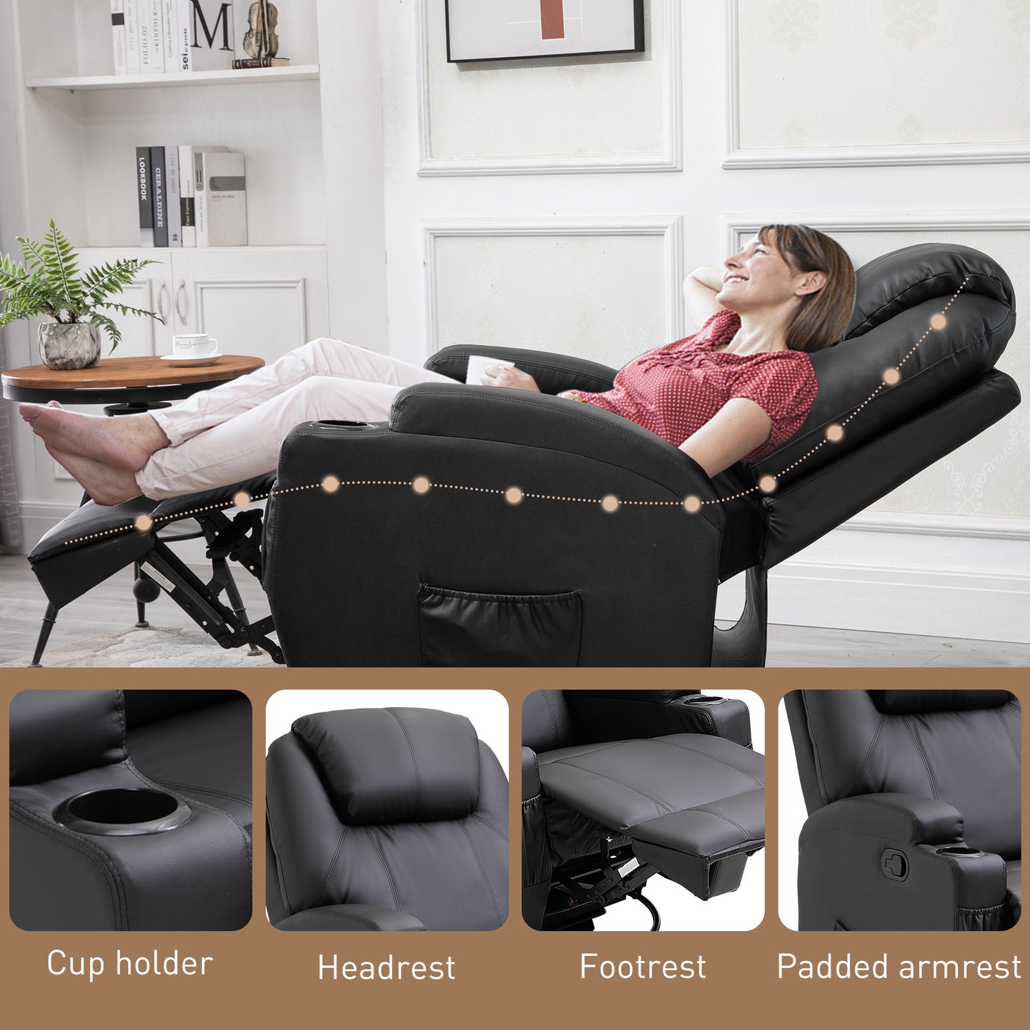 HOMCOM Recliner Chair, Recliner Massage Rocker Chair with 360Â° Rotate, 165Â° Reclining Function, Adjustable Footrest, Swivel Armchair Single Sofa for Living Room with Drink Holders, Side Pockets, Black