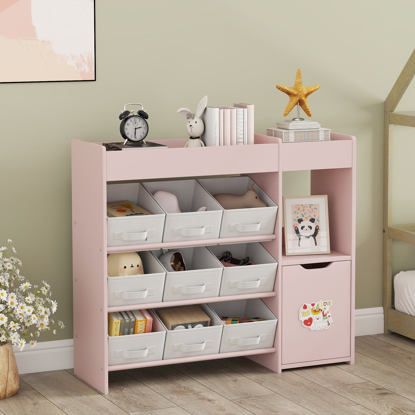 AIYAPLAY Kids Toy Storage, 9 Removable Fabric Bins, Wooden Toy Storage Units for Toys and Books for Bedroom, Nursery, Pink