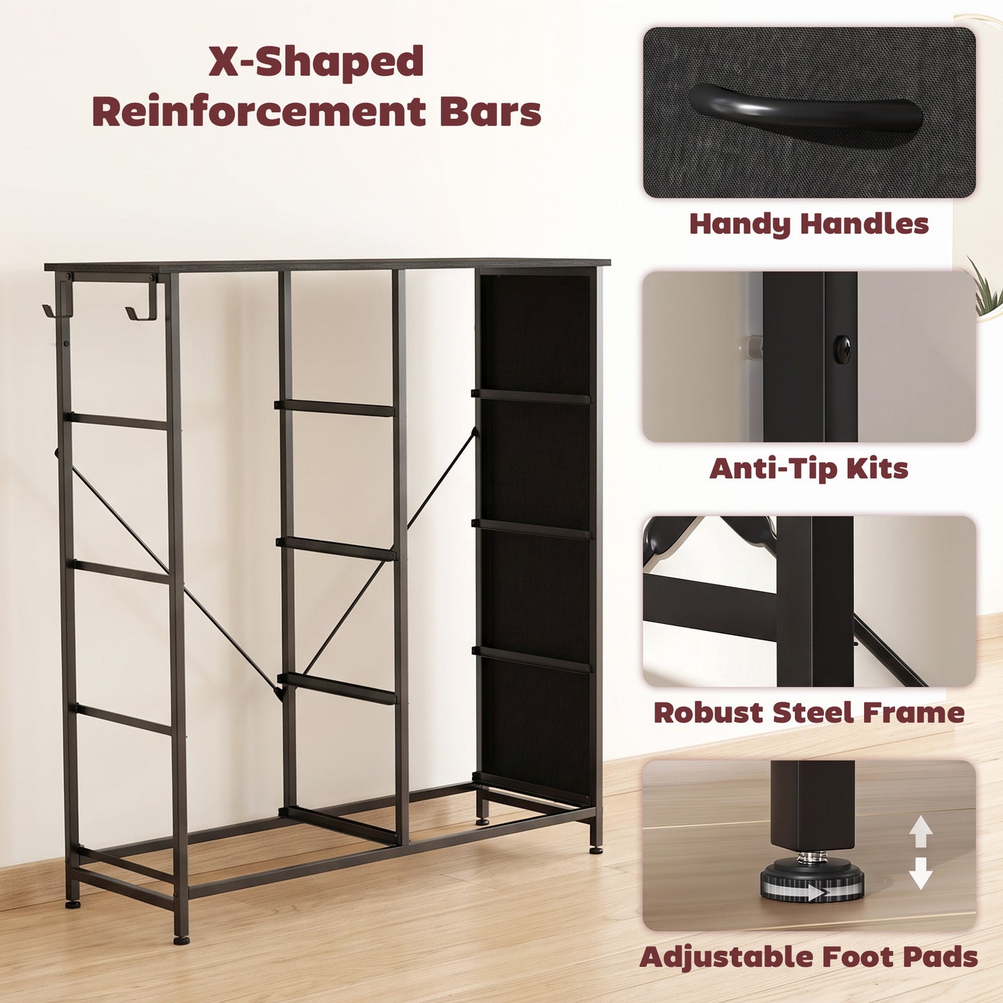 HOMCOM Chest of Drawers, Dresser with 8 Fabric Drawers, Tall Storage Unit with 4 Pockets and 2 Hooks Steel Frame, Black