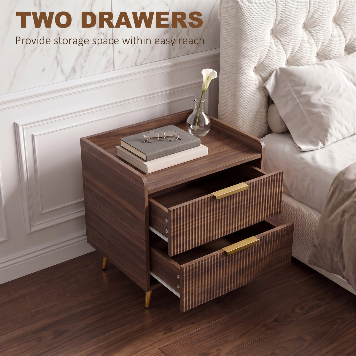 HOMCOM Elegant Two-Drawer Bedside Table - Walnut Brown