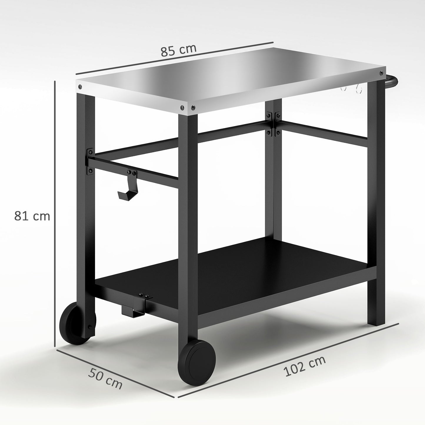 Outsunny Outdoor Grill Dining Cart 2-Shelf Movable Pizza Oven Table Stand with Stainless Steel Top, Portable BBQ Trolley Food Prep Outdoor Kitchen Barbecue Station with Hooks Wheels, Charcoal Grey