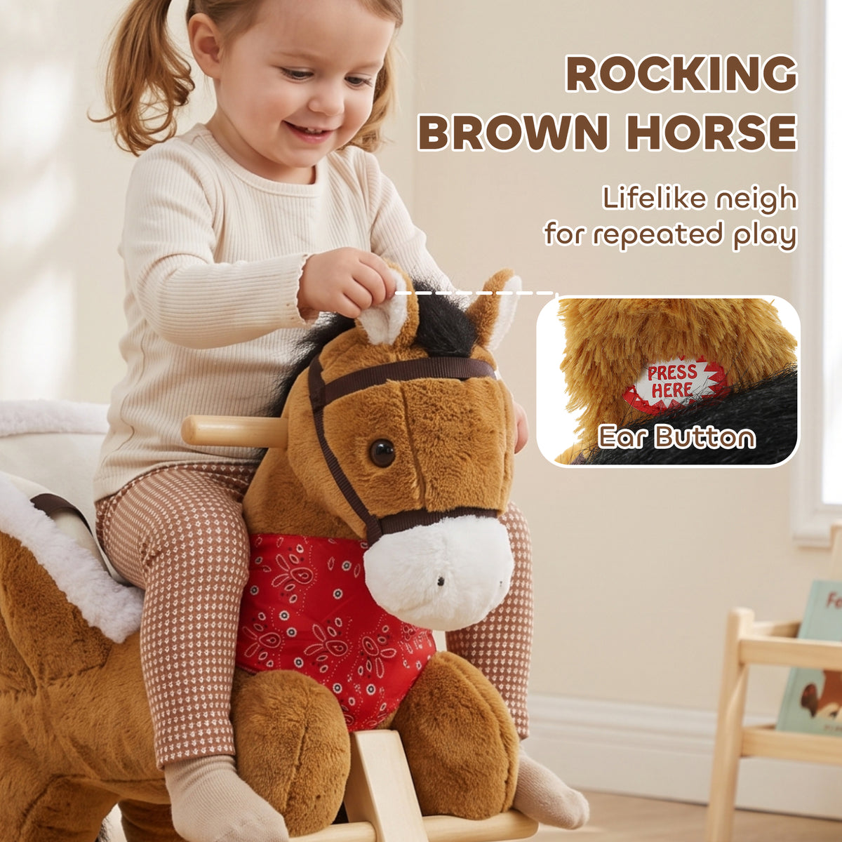 AIYAPLAY Rocking Horse Toy for Toddlers, Plush Ride on Horse with Seat Belt, Lifelike Neigh, Pretend Play Toy for 18-36 M, Brown