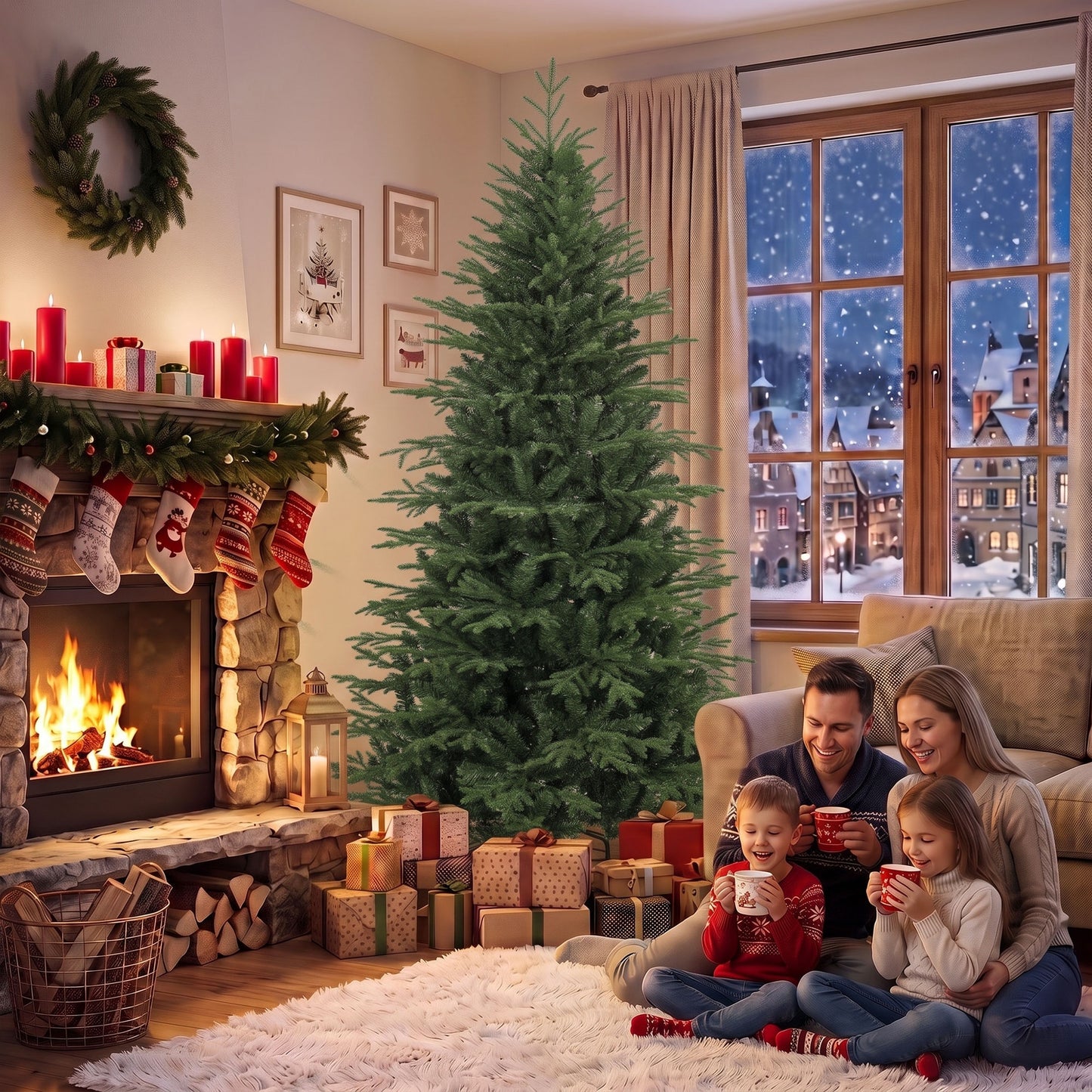 HOMCOM 7ft Artificial Christmas Tree with 2080 Realistic Tips, Hinged Xmas Tree with Wide Shape for Home Office, Green