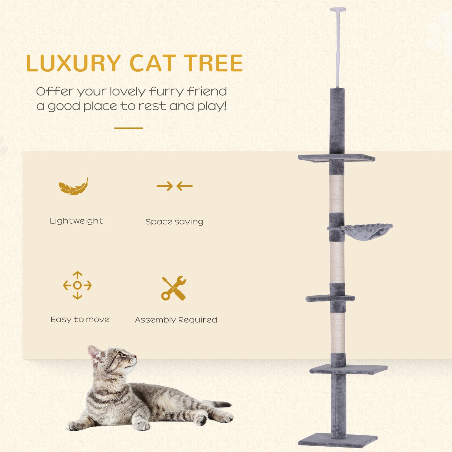 PawHut Floor to Ceiling Cat Tree Height Adjustable 230-260cm, 5-Tier Cat Tower with Scratching Post, Hammock, Perches, Climbing Activity Centre for Indoor Kittens, Grey