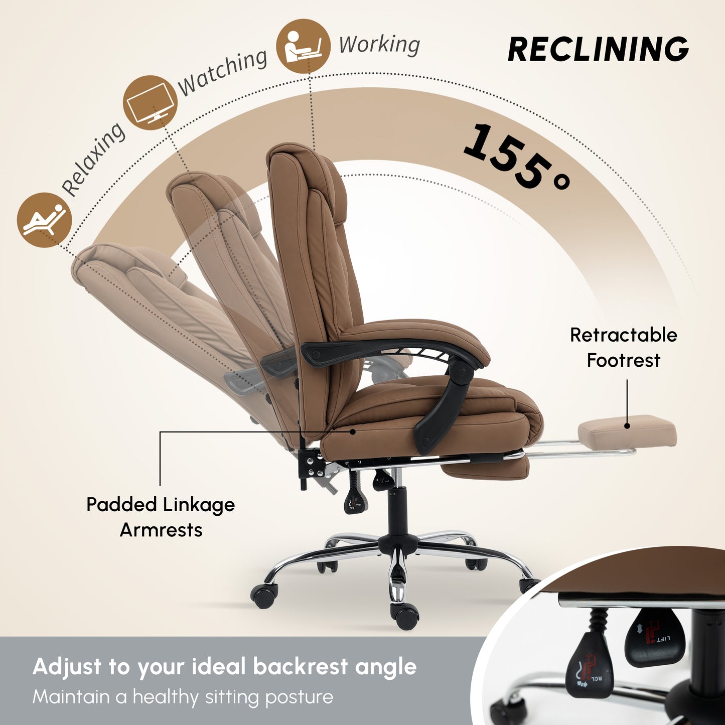 HOMCOM 155Â° Reclining Faux Leather Swivel Office Chair - Brown