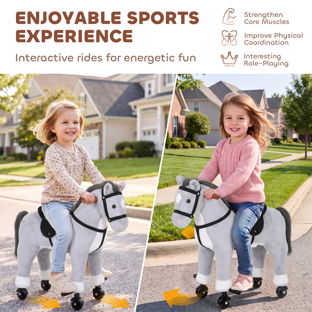 AIYAPLAY Rocking Horse, Plush Ride On Horse with Hoof Sounds, Music, Rolling Wheels and Pedal for 3-7 Years, Up to 50kg, Grey