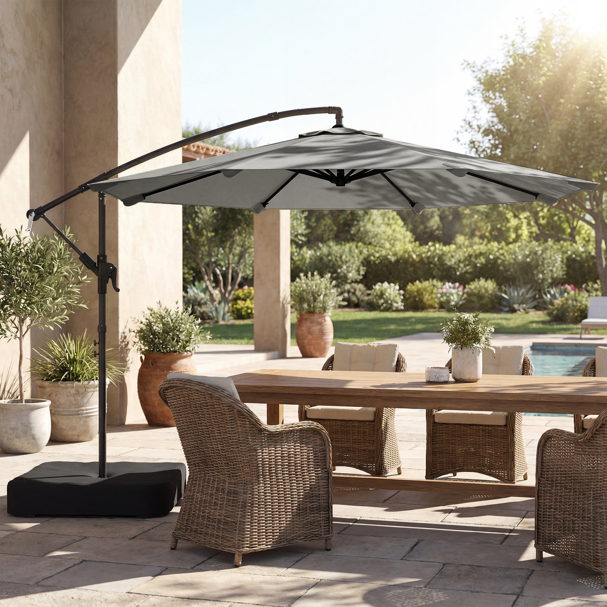 Outsunny 3 m Garden Cantilever Parasol with Cross Base, Sandbag, 360Â° Rotating Overhanging Banana Umbrella, Grey