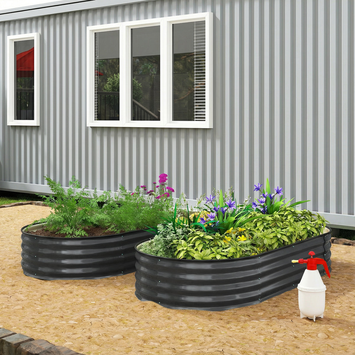 Outsunny Galvanised Raised Garden Bed, Metal Planter Box with Safety Edging, for Flowers, Herbs, Succulents, Dark Grey