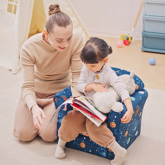 HOMCOM Kids Planet-Themed Armchair, with Non-Slip Feet, Wooden Frame - Blue
