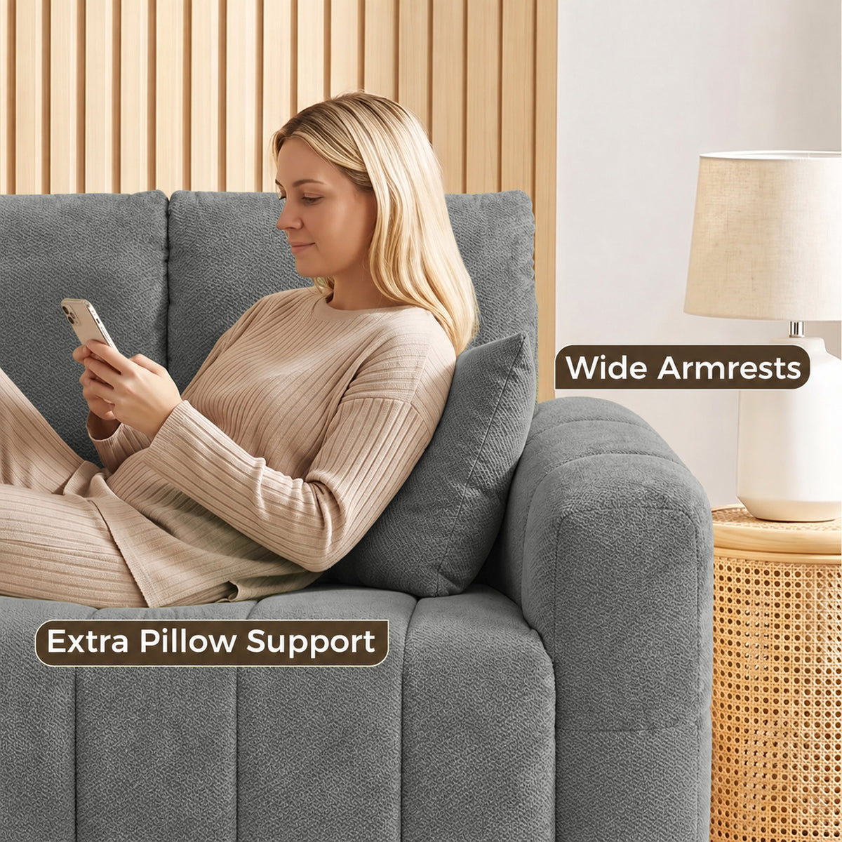 HOMCOM 2 Seater Sofa, Upholstered Velvet Small Couch for Bedroom with Pillows, Padded Cushion and Wood Legs, Grey
