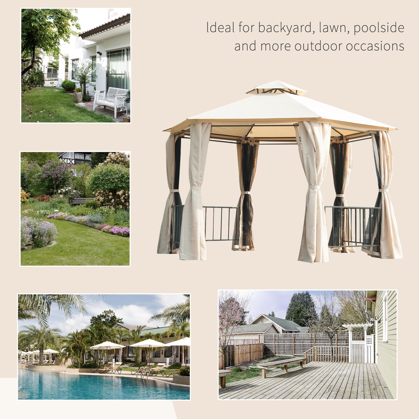 Outsunny 3 x 3 Hexagon Gazebo Patio Canopy Party Tent Outdoor Garden Shelter with 2 Tier Roof and Side Panel, Beige