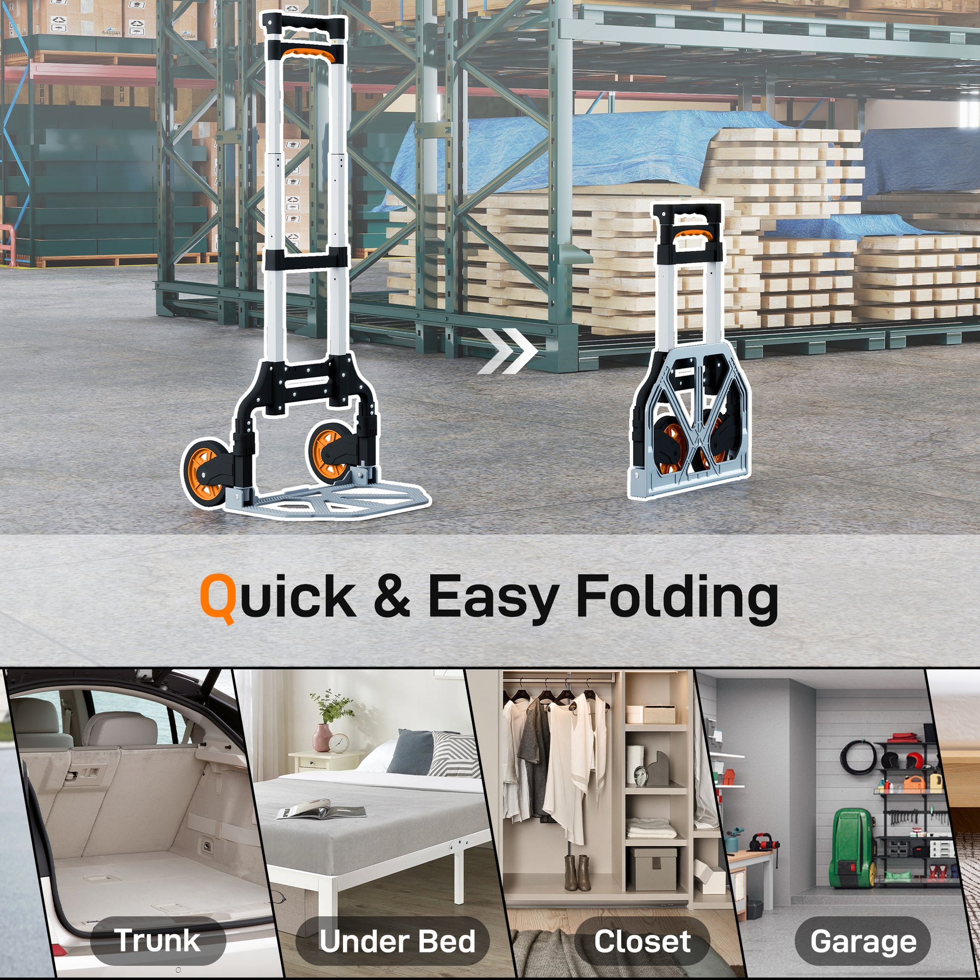 HOMCOM Folding Sack Truck, 70kg Lightweight Hand Truck with Wheels, Foldable Trolley Cart with Telescoping Handle for Warehouse, Office, Luggage, Silver Tone