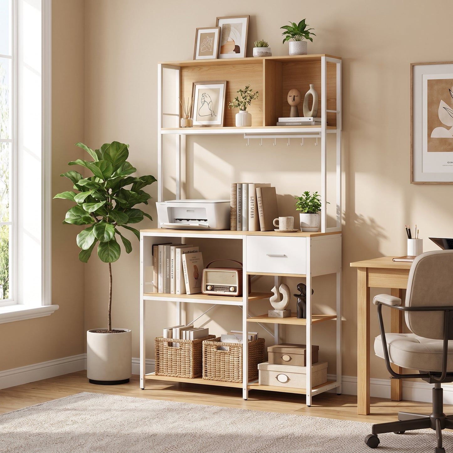 HOMCOM Kitchen Storage Rack with Power Outlet, USB and Type-C Ports, Drawer, Shelves and 4 Hooks, Oak and White