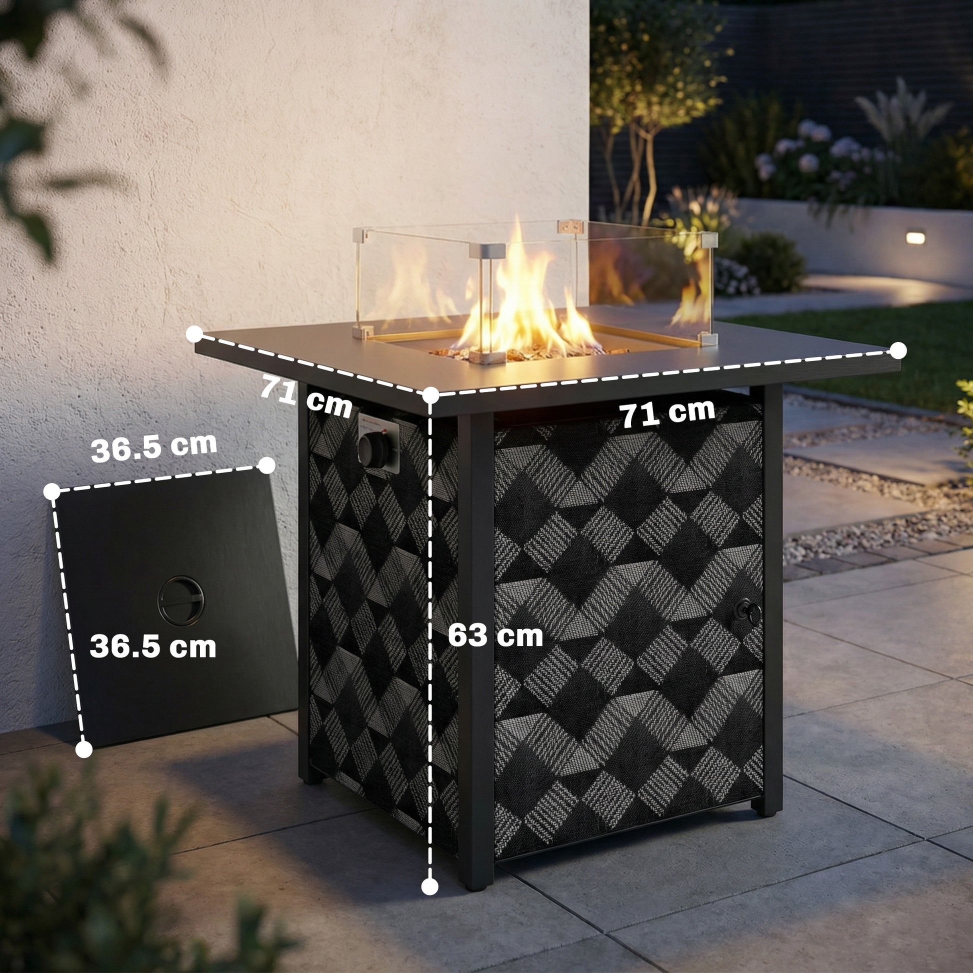 Outsunny Square Propane Gas Fire Pit Table, 12 KW Firepit with Glass Wind Guard, Lava Rocks, Gas Tank Holder