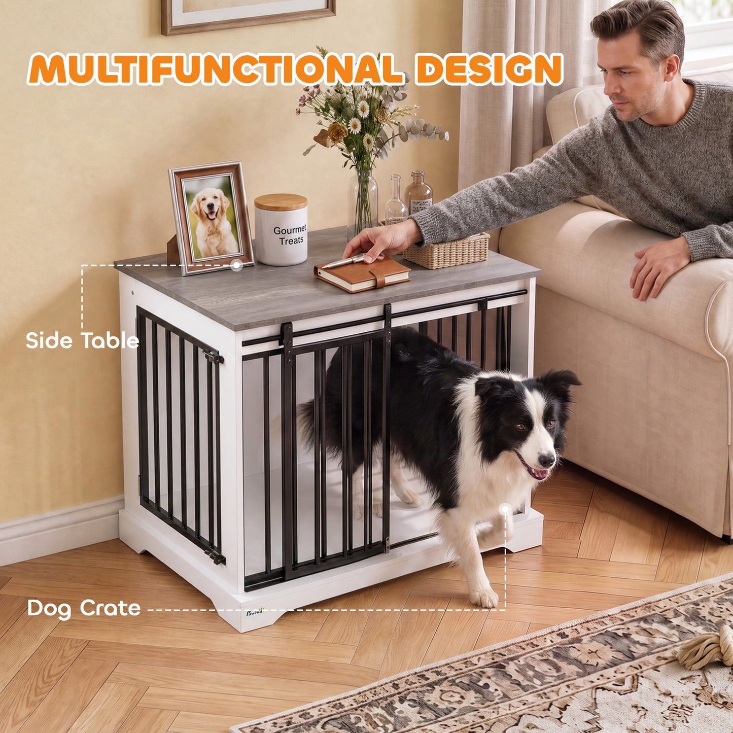 PawHut 80 cm Dog Crate Furniture with Sliding Barn Door for Medium Dogs, White