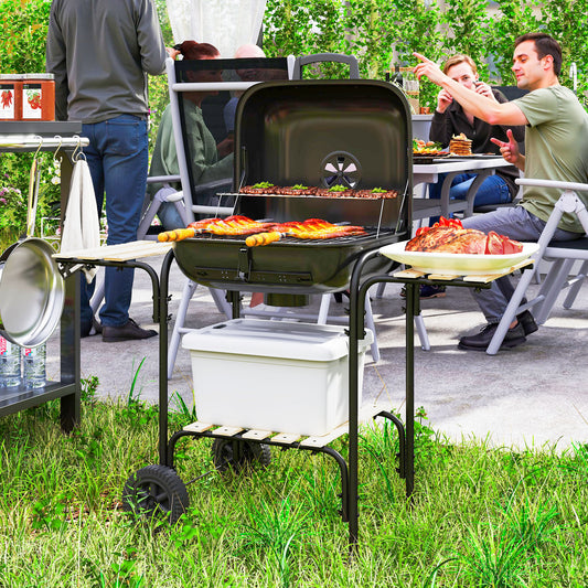 Outsunny Charcoal Barbecue Grill Portable BBQ Grill with 1840 cmÂ² Cooking Area, 3 Shelves, Adjustable Vent, Lockable Lid, Wheels for Outdoor Cooking, Garden Party, Black