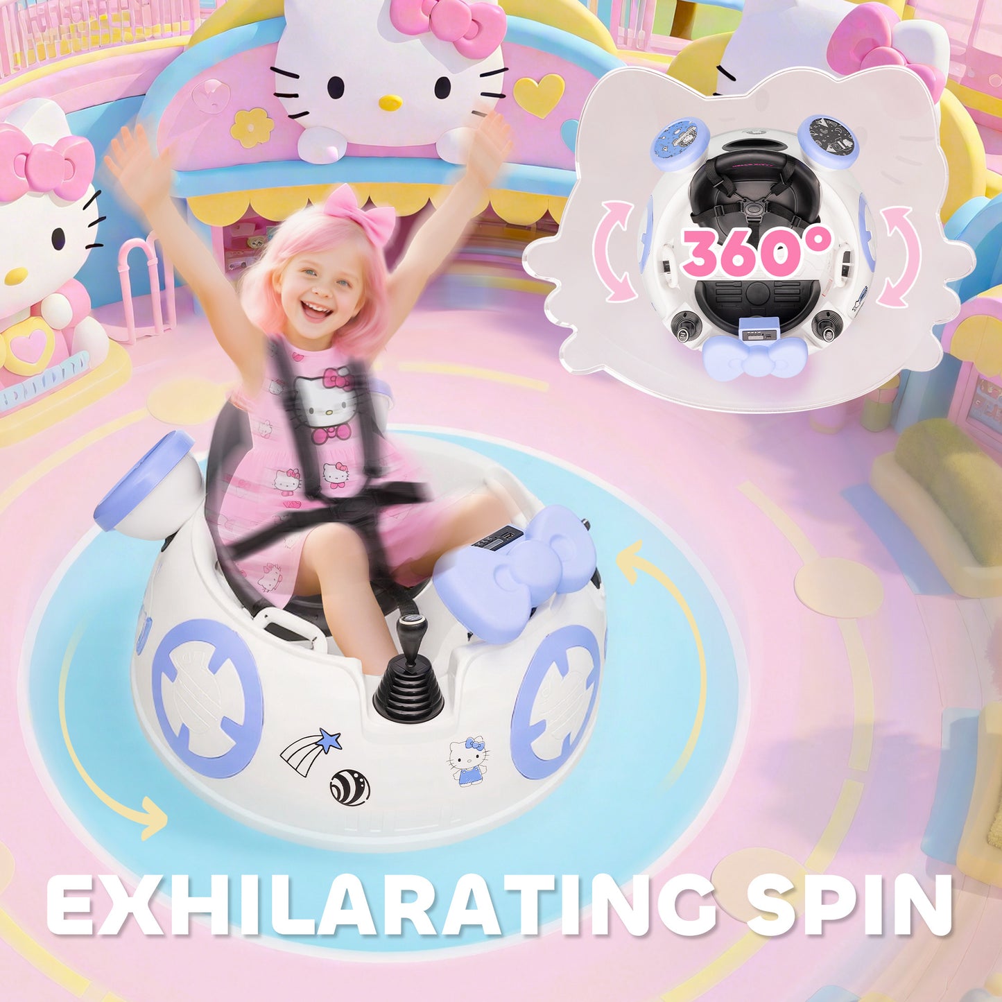 AIYAPLAY Hello Kitty Kids Ride on Bumper Car with Remote Control, Two Joysticks, Music, Lights, Safety Belt, White