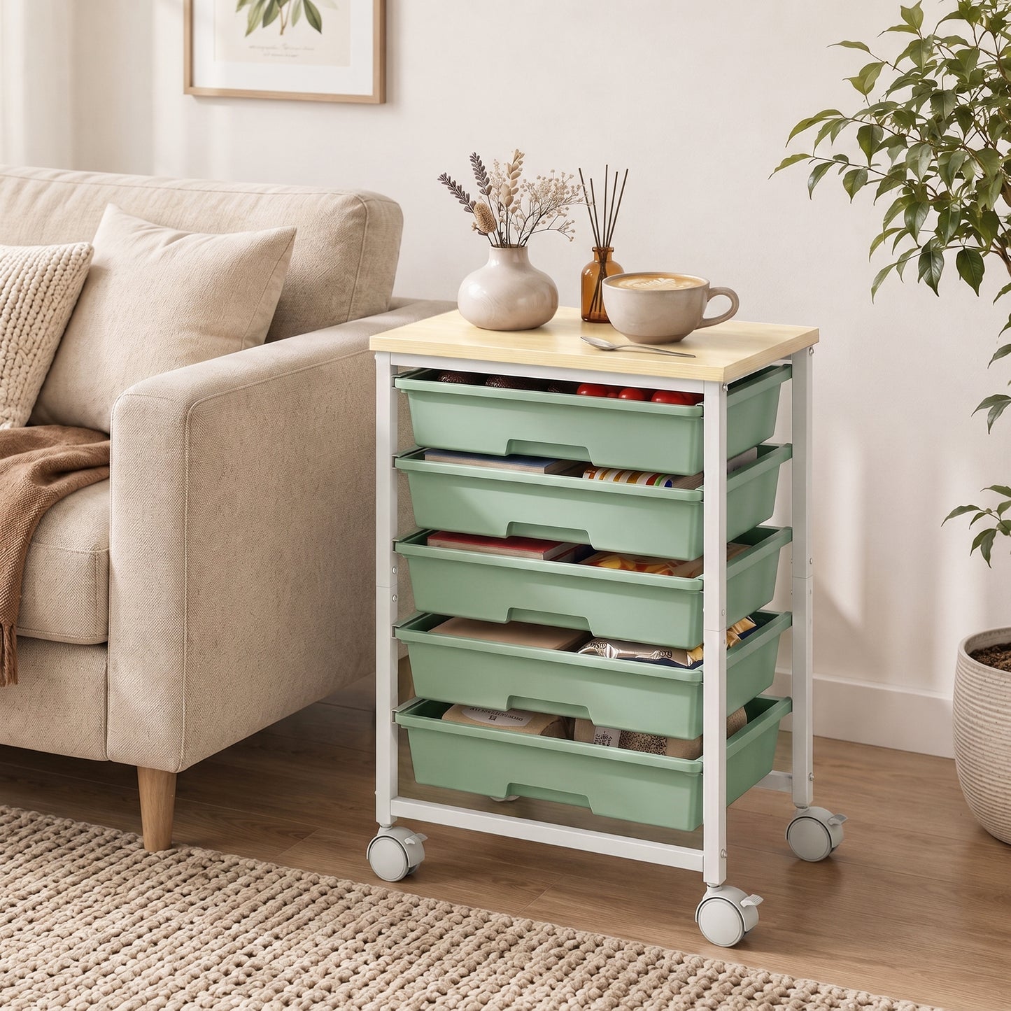 HOMCOM 6-Tier Storage Trolley on Wheels, Metal Kitchen Rolling Cart with 5 Pull-Out Drawers, Green