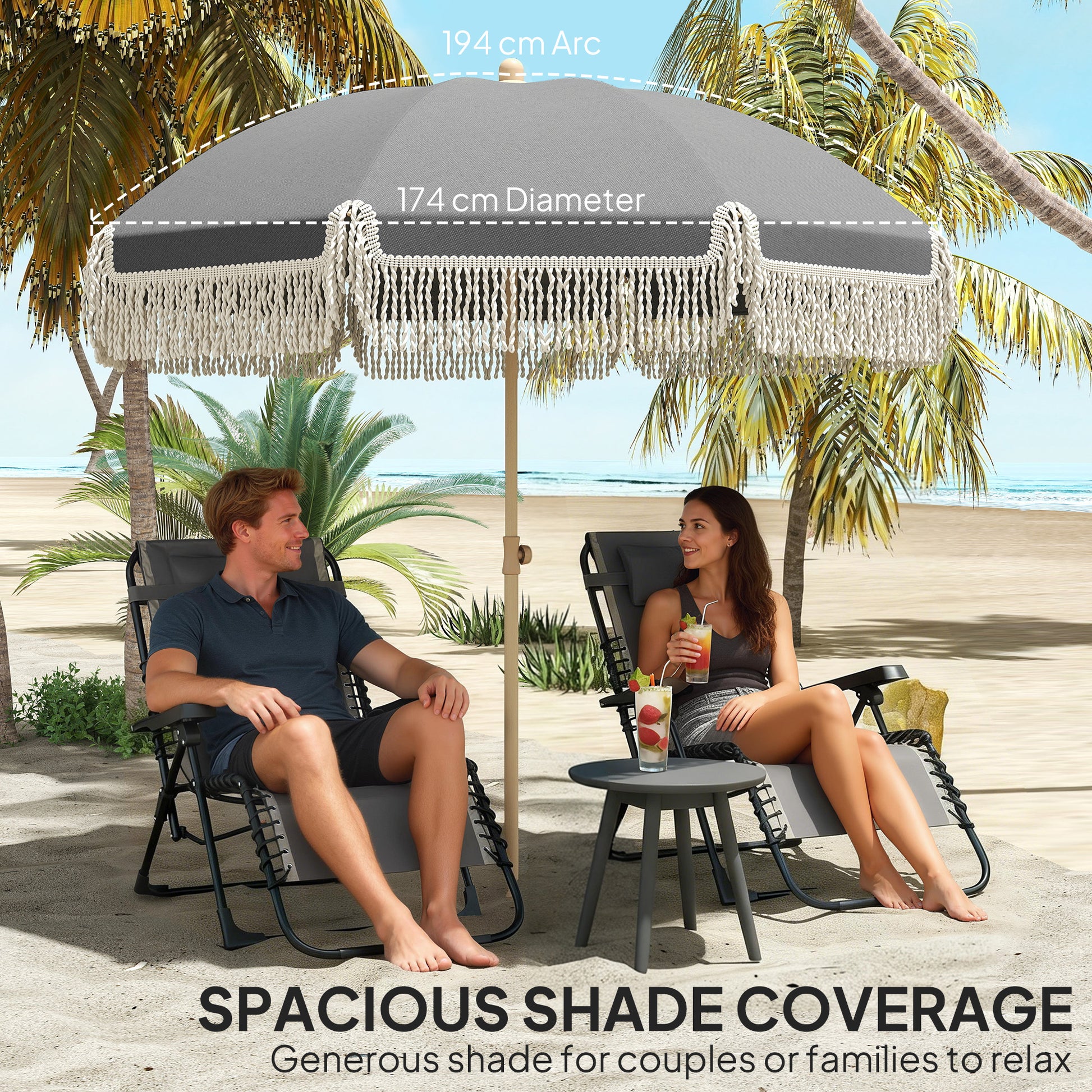 Outsunny 1.7 m Beach Umbrella with Sand Anchor, 30Â° Tilting Fringed Beach Garden Parasol with Adjustable Height, Grey