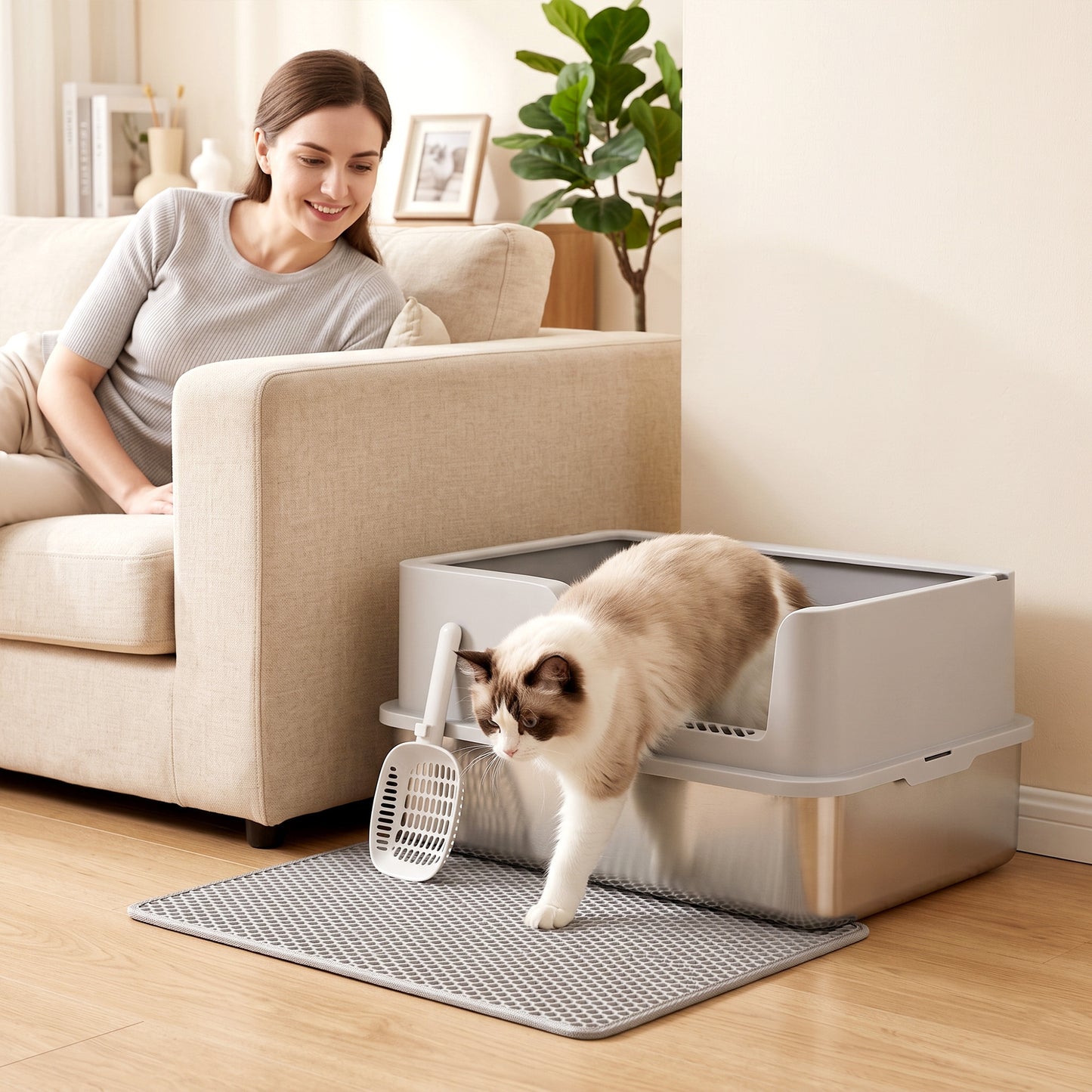 PawHut XL Stainless Steel Cat Litter Tray with Lid, High Sided Cat Litter Box with Scoop and Mat, Light Grey