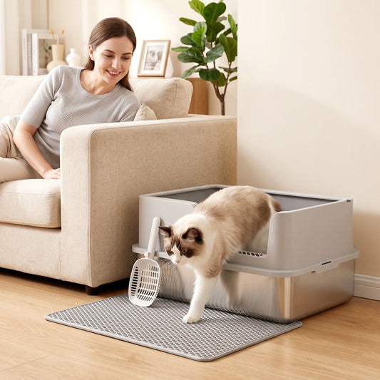 PawHut XL Stainless Steel Cat Litter Tray with Lid, High Sided Cat Litter Box with Scoop and Mat, Light Grey