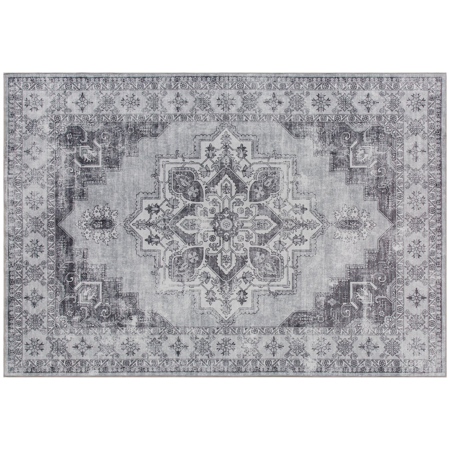 HOMCOM Vintage Area Rug, Non-Slip Washable Rug, Flannel Floor Carpet for Living Room, Bedroom, Dining Room, Home Office, 290 x 200 cm, Grey Default Title