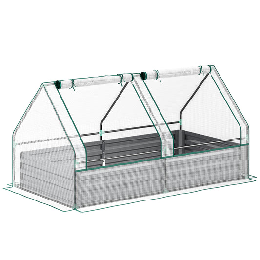 Outsunny Metal Planter Box with Cover, Raised Garden Bed with Greenhouse, for Herbs and Vegetables, White and Dark Grey