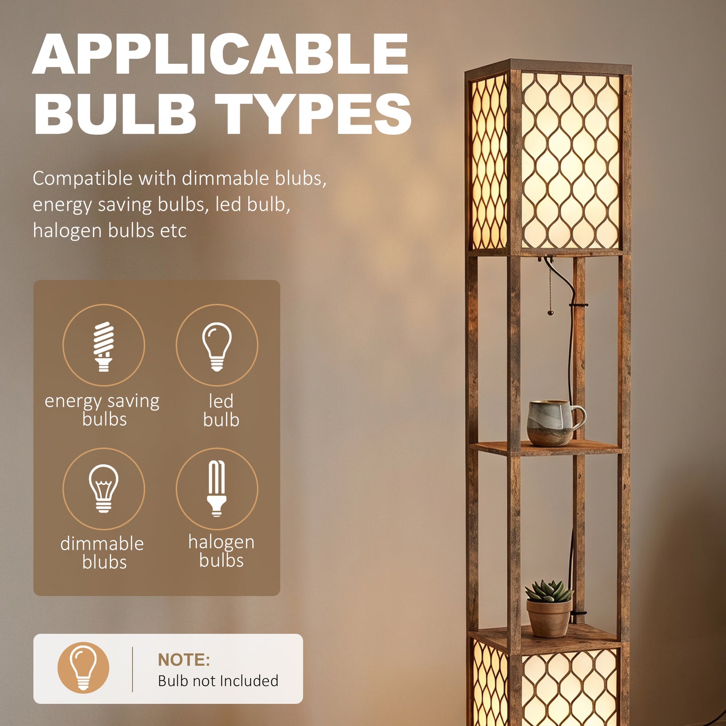 HOMCOM Floor Lamp with Shelves, Modern Tall Standing Lamp with Fabric Lampshades, Zipper Switch and Dual Light, Rustic Brown