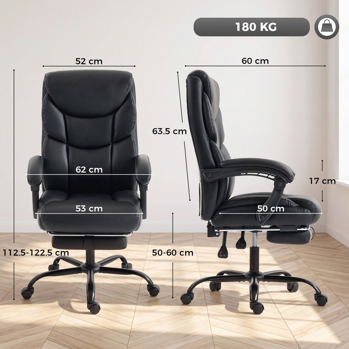 HOMCOM Executive Office Chair, 180kg Big and Tall PU Desk Chair with Linked Armrests, Pocket Spring Cushion, Adjustable Height, Rocking Function, 165Â° Reclining Backrest, Footrest, PU Casters, Black
