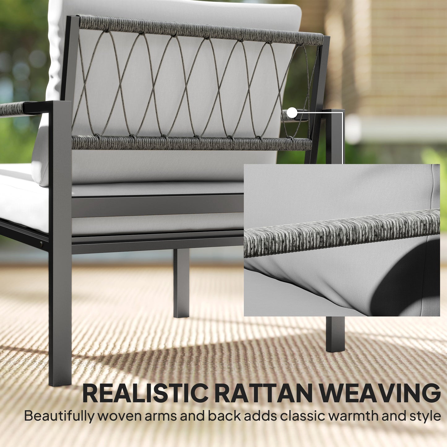 Outsunny 5 Piece Metal Garden Furniture Sofa Set with Thickened Cushions, Loveseat, 2 Armchairs, 2 Coffee Tables, Light Grey