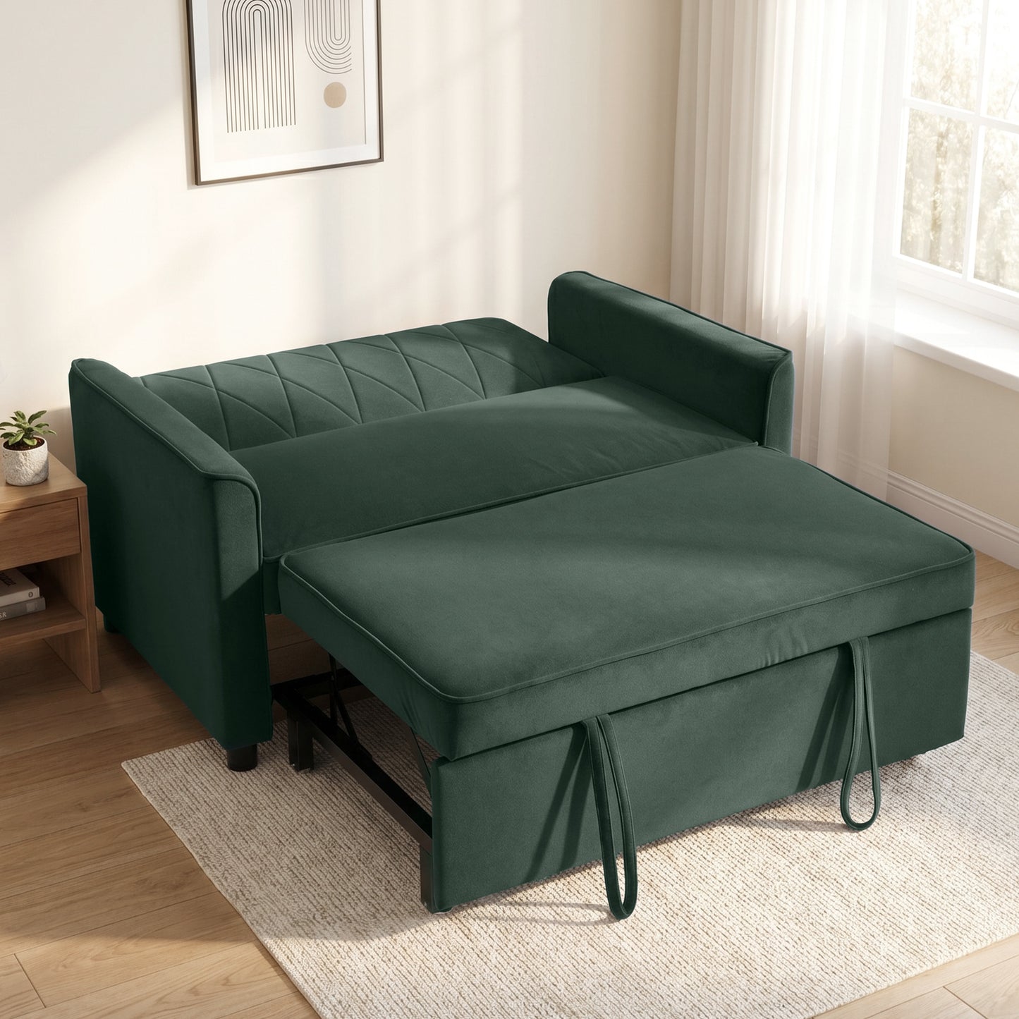 HOMCOM 2 Seater Sofa Bed, 3-in-1 Convertible Pull Out Sleeper Sofa with Clik-Clack Adjustable Backrest, Dark Green