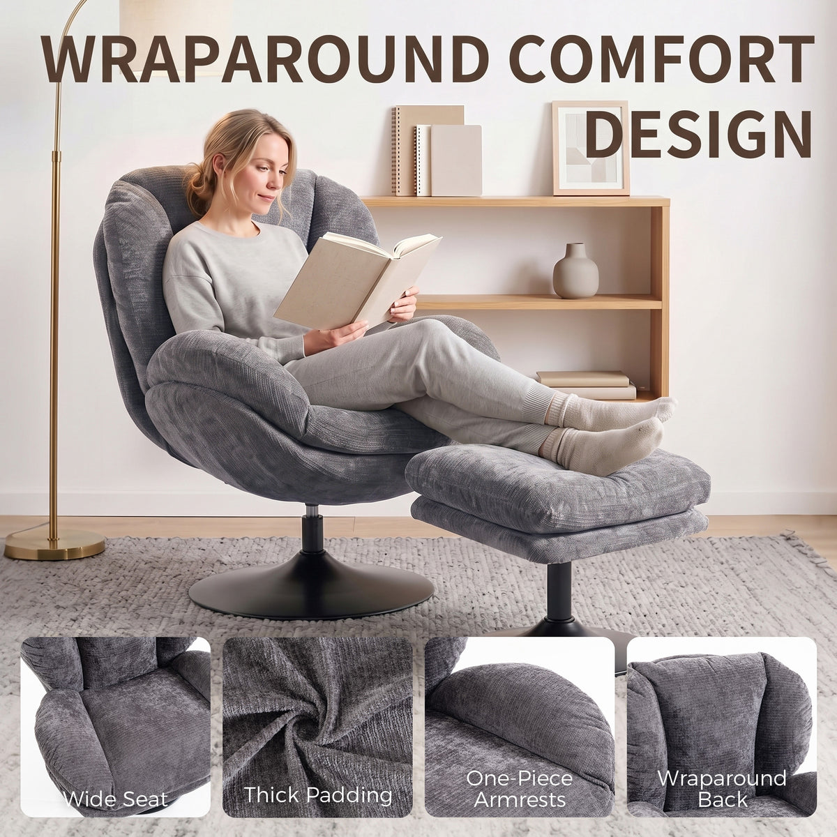 HOMCOM Modern Chenille Lazy Chair with Ottoman, 360Â° Swivel, Upholstered Reading Seat Set for Living Room, Dark Grey