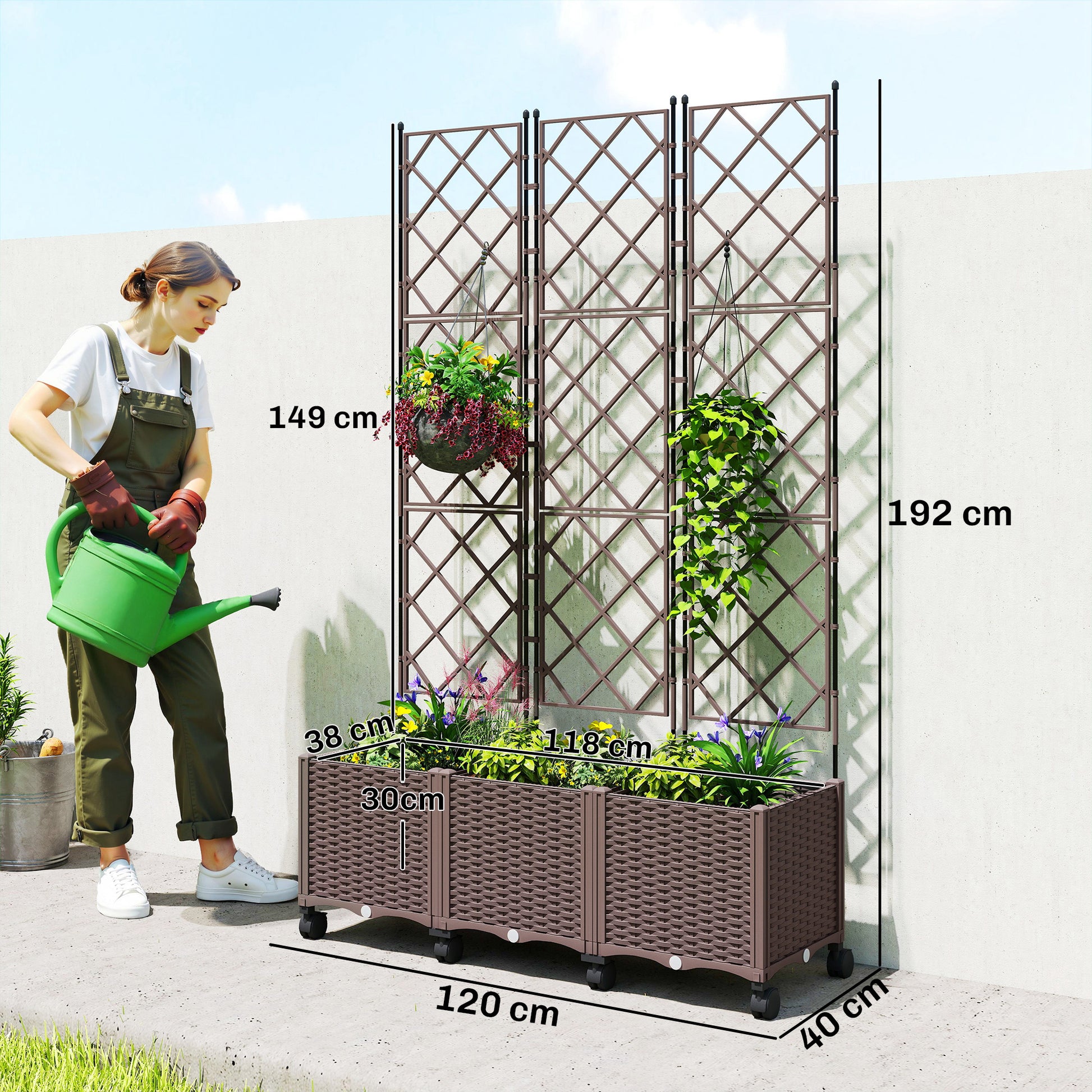 Outsunny Plastic Raised Planter with Trellis, Self Watering Raised Bed for Garden with Wheels, Drainage Holes and Plugs