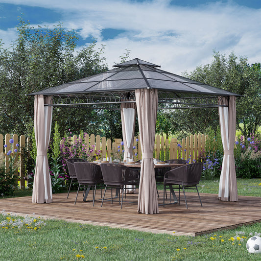 Outsunny 3 x 3 (m) Outdoor Polycarbonate Gazebo, DoubleÂ Roof Hard Top Gazebo withÂ Galvanised Steel Frame, NettingsÂ &Â Curtains for Garden, Lawn, Patio and Deck, Khaki