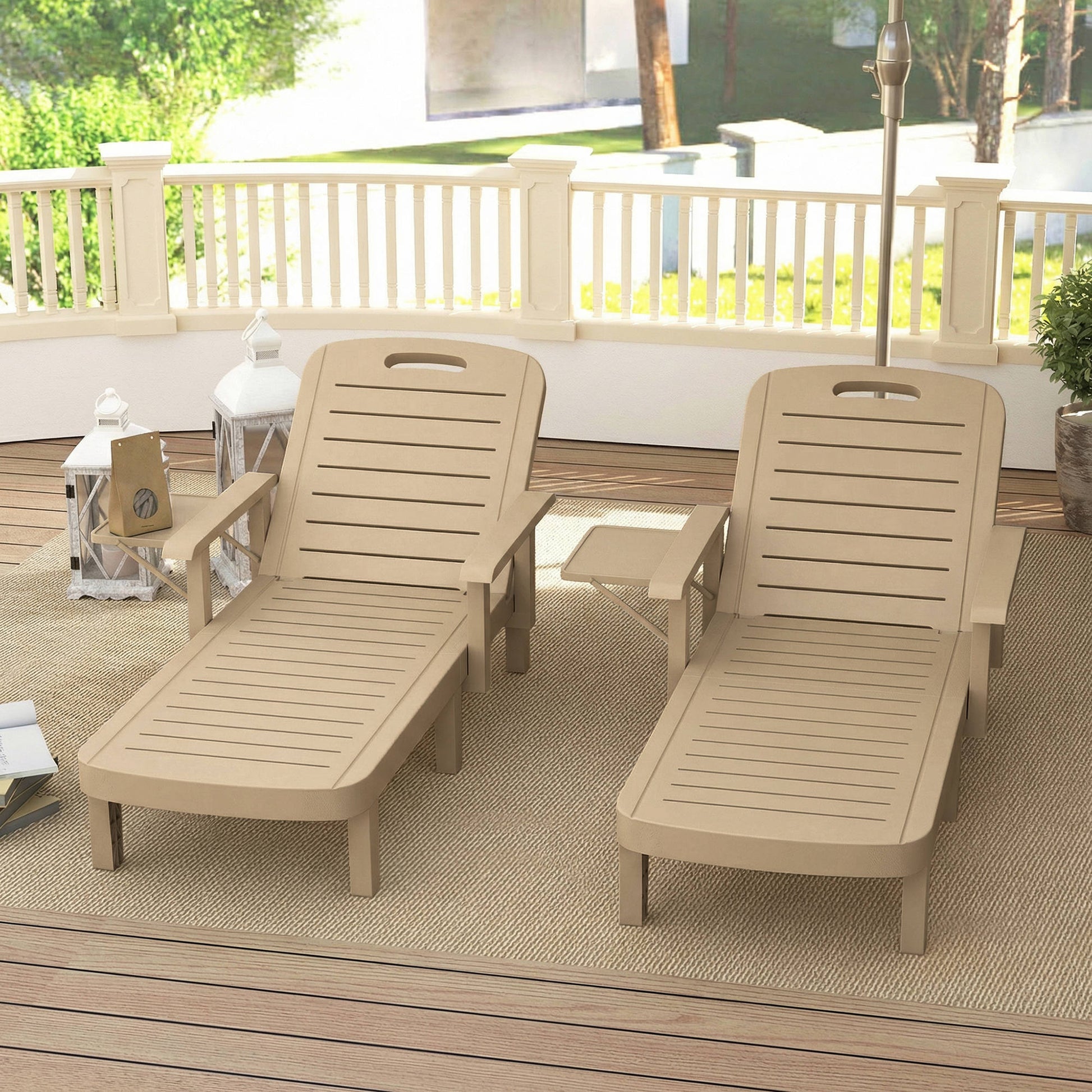 Outsunny Set of 2 Reclining Sun Loungers, 5 Positions Adjustable Outdoor Chaise Lounge Chair with Armrests, Khaki