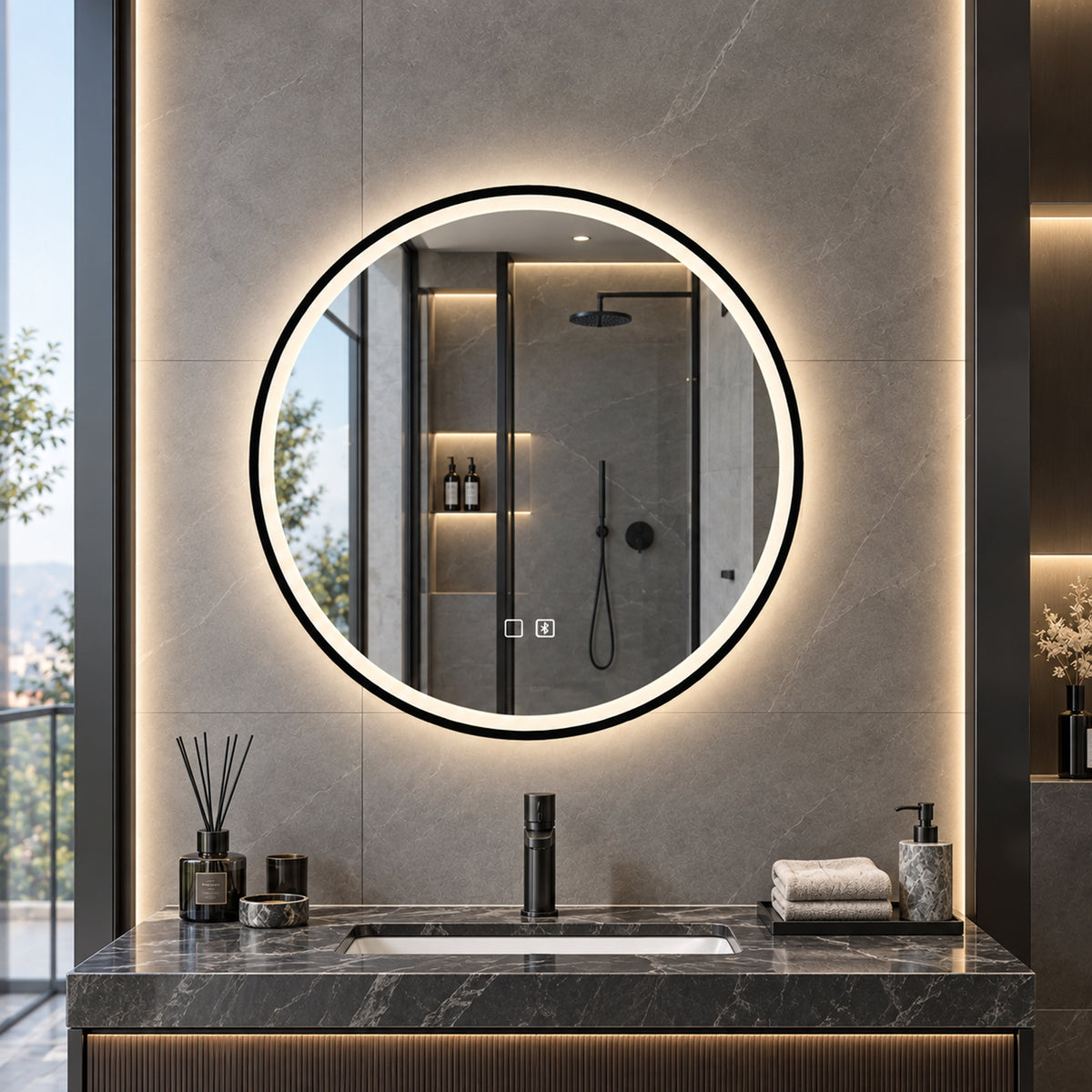 HOMCOM Bathroom Mirror with LED Lights, 60cm Round LED Bathroom Mirror with 3 Colours Dimmable, Bluetooth, Anti-Fog, Black