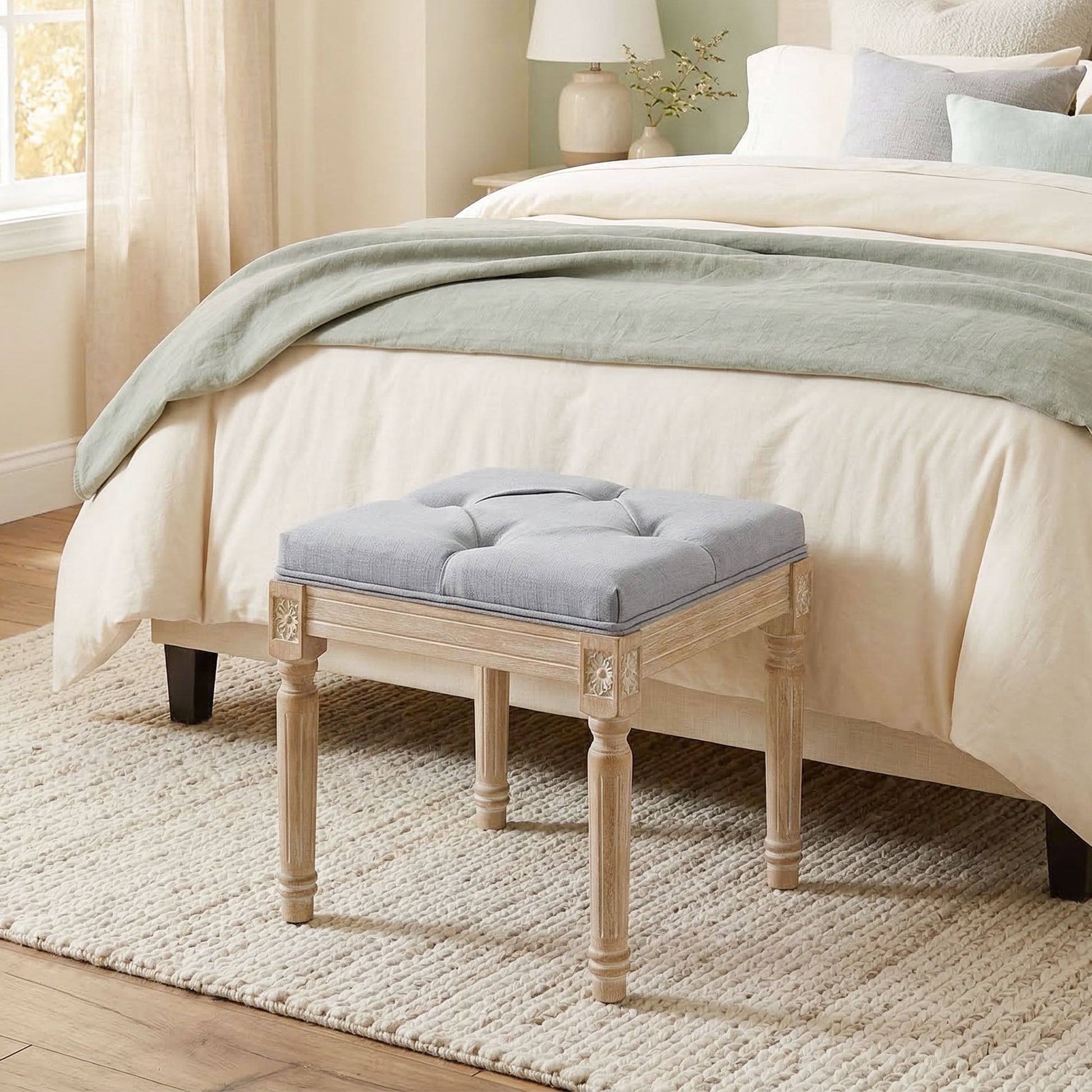 HOMCOM Vintage Foot Stool, Tufted Square Footrest with Wood Legs, Light Grey