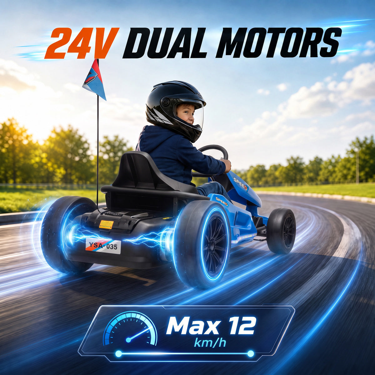 AIYAPLAY 24V Electric Drift Go Kart for Kids with Dual Motors, Soft Start, 12 KM/H High Speed, Headlight, for Ages 6-14, Blue