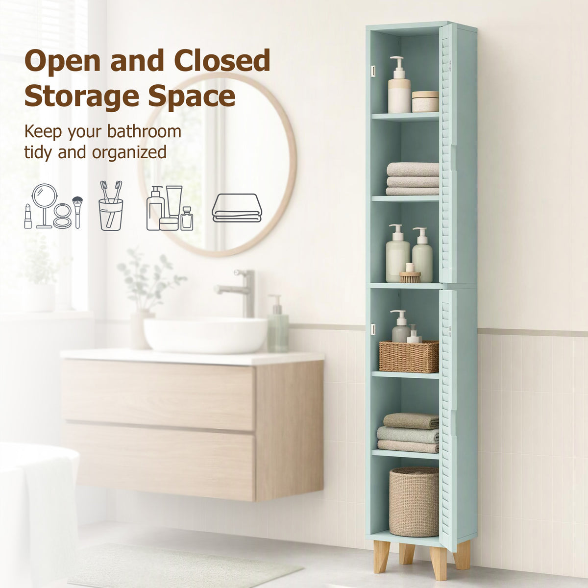 HOMCOM 170cm Tall Bathroom Storage Cabinet, Freestanding Bathroom Cabinet with Louvered Doors, Adjustable Shelf, Light Green
