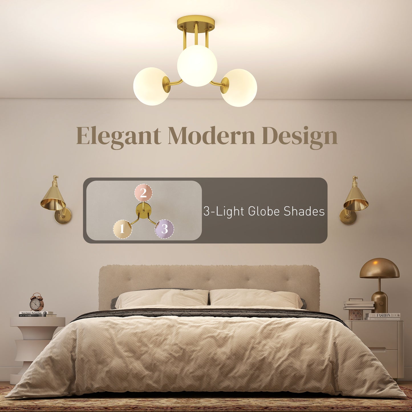 HOMCOM LED Ceiling Light with Globe Shades, Modern 3-Light Ceiling Light with G9 Sockets for Living Room, Bedroom, Dining Room, Bulbs Not Included, Gold Tone