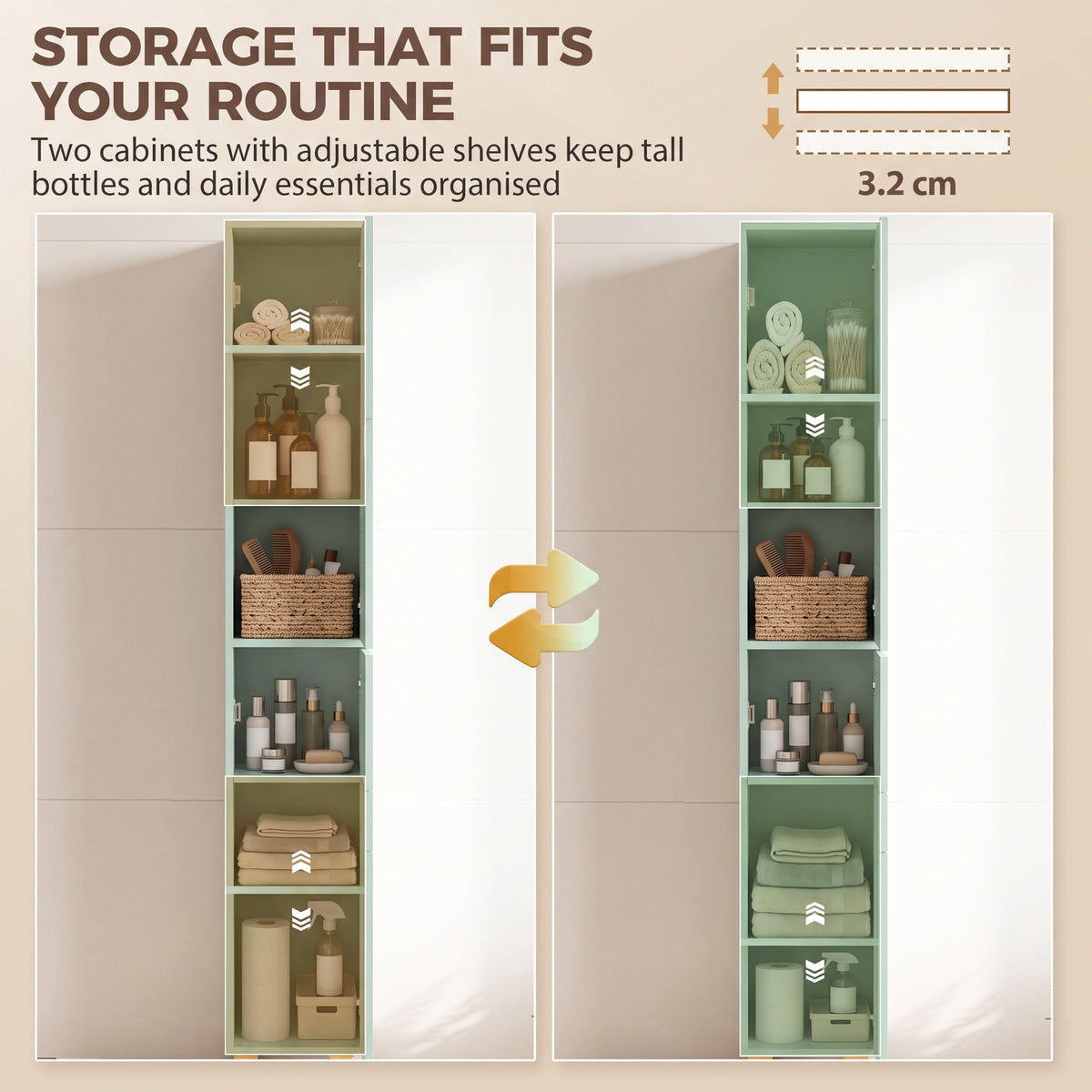 HOMCOM 170cm Tall Bathroom Storage Cabinet, Freestanding Bathroom Cabinet with Louvered Doors, Adjustable Shelf, Light Green