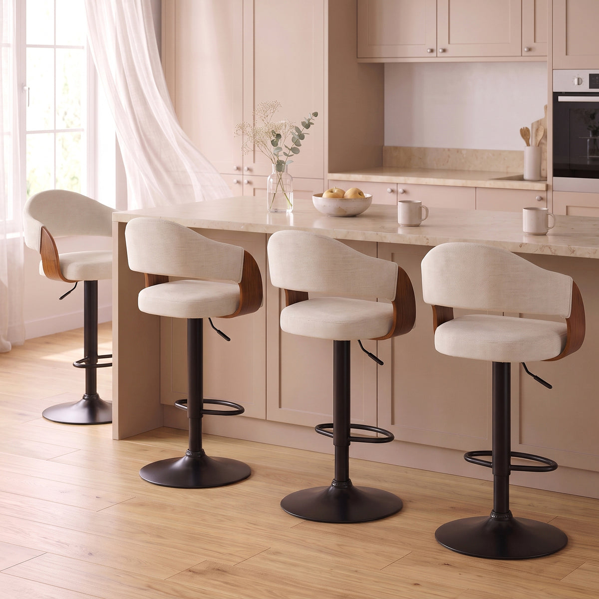 HOMCOM Bar Stools Set of 2 Height Adjustable Bar Chairs Swivel Backrest Footrest Faux Linen Beige