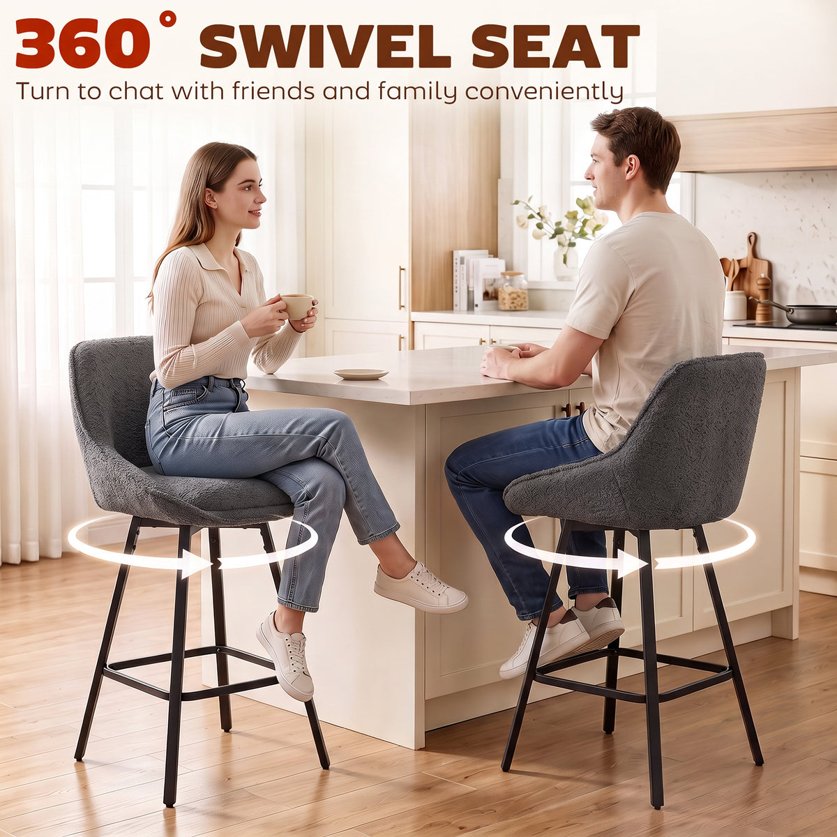 HOMCOM Bar Stools Set of 2, 64 cm Modern Linen-Touch Fabric 360Â° Swivel Counter Height Bar Chairs, Dark Grey