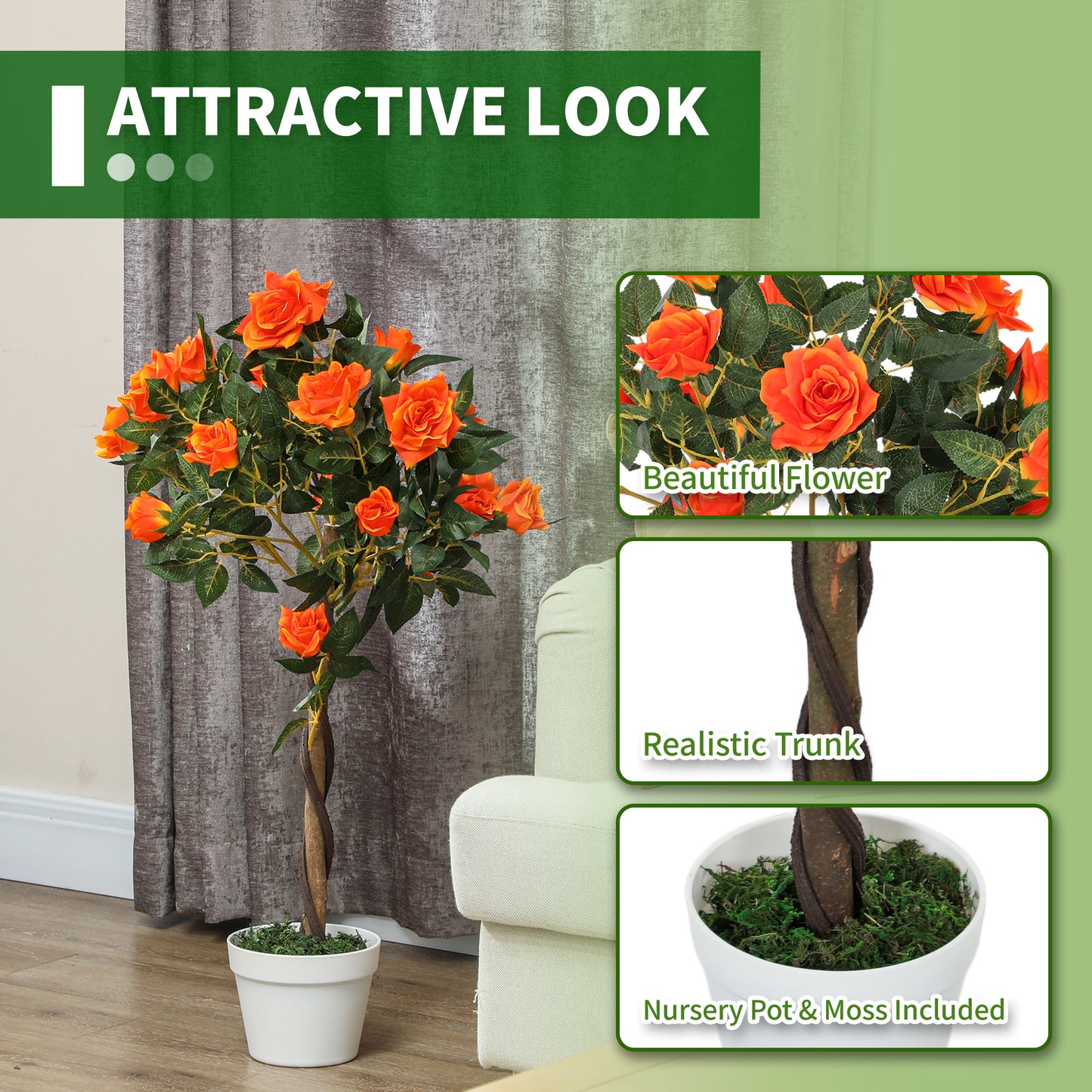 Outsunny Set of 2 Artificial Plants White Rose Floral in Pot, Fake Plants for Home Indoor Decor, 90cm, Orange