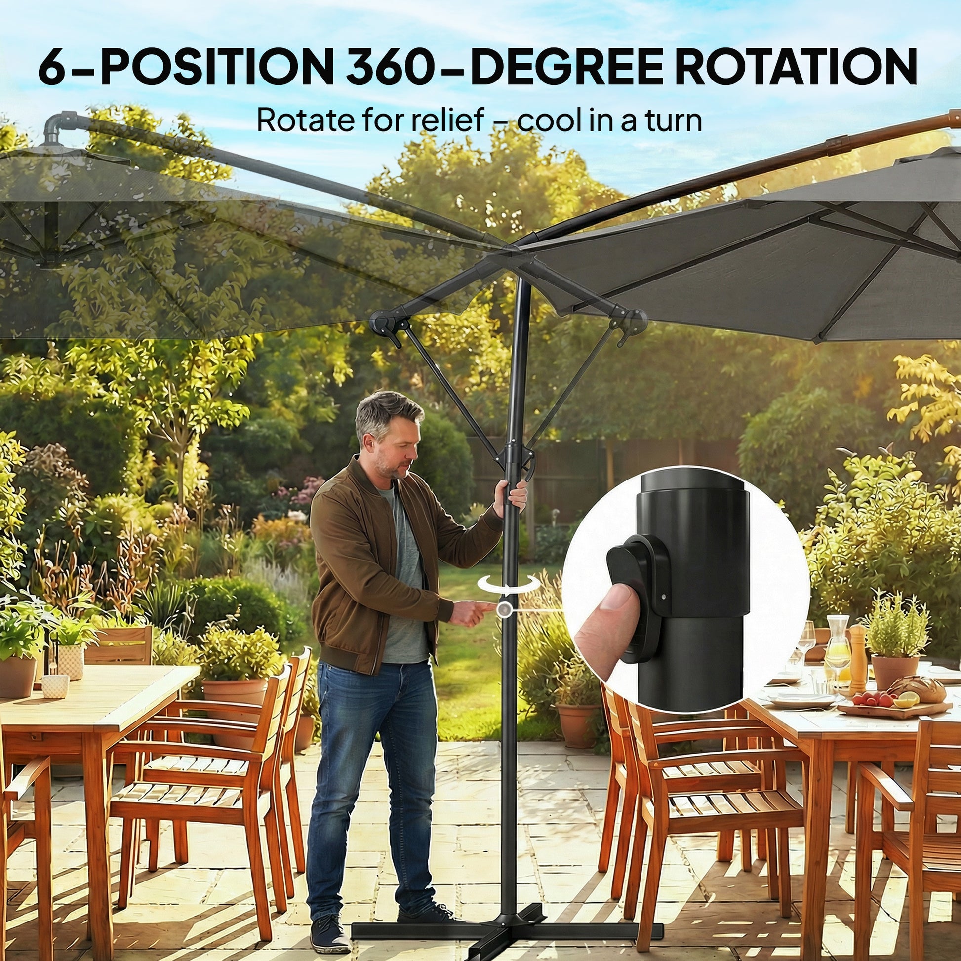 Outsunny 3 m Garden Cantilever Parasol with Cover, Round Overhanging Umbrella with 360Â° Rotation, Tilt, Grey